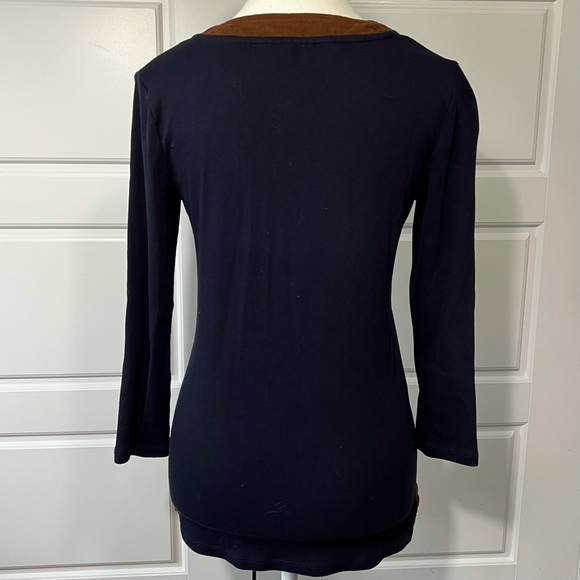 Ralph Lauren Navy Blue Long Sleeve Tunic Top with Brown Faux Suede Trim Detail - Picture 3 of 5
